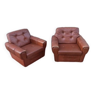 Paire de fauteuils vintage cuir marron