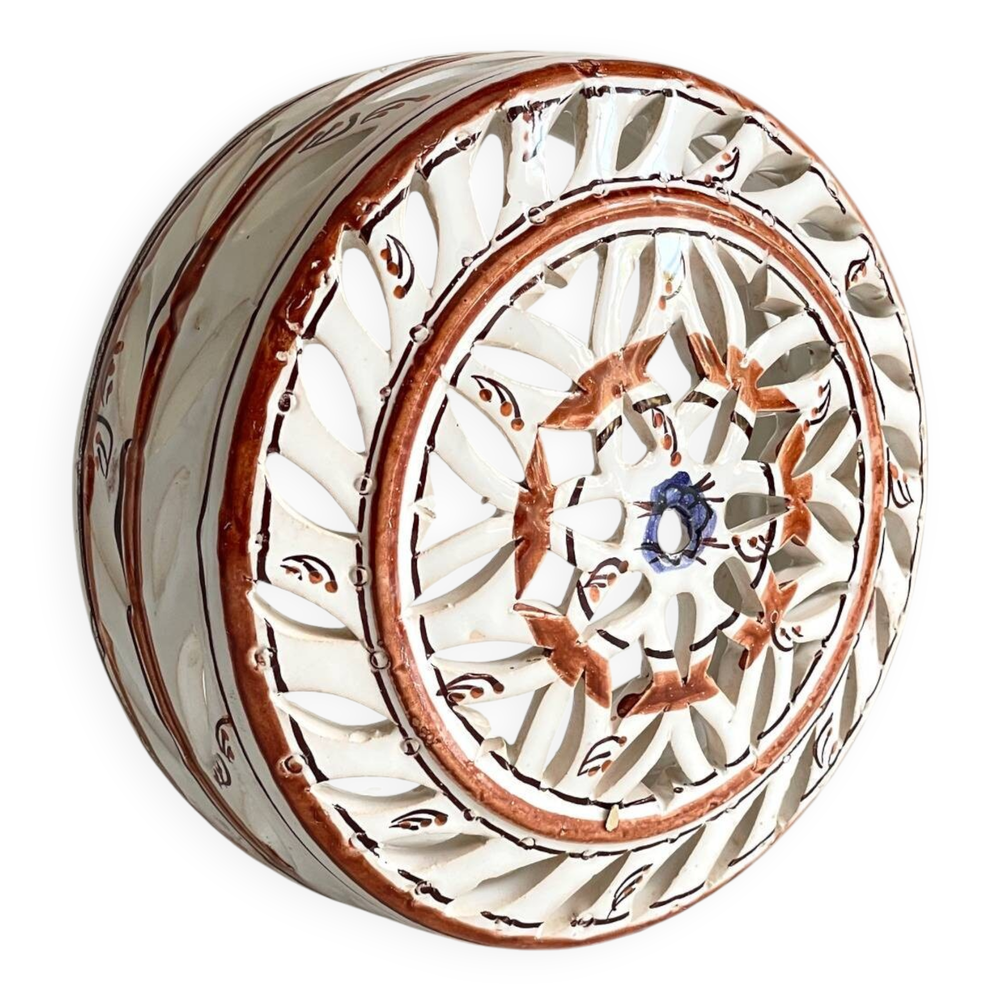 Handmade terracotta wall lamp with blue enamelled center