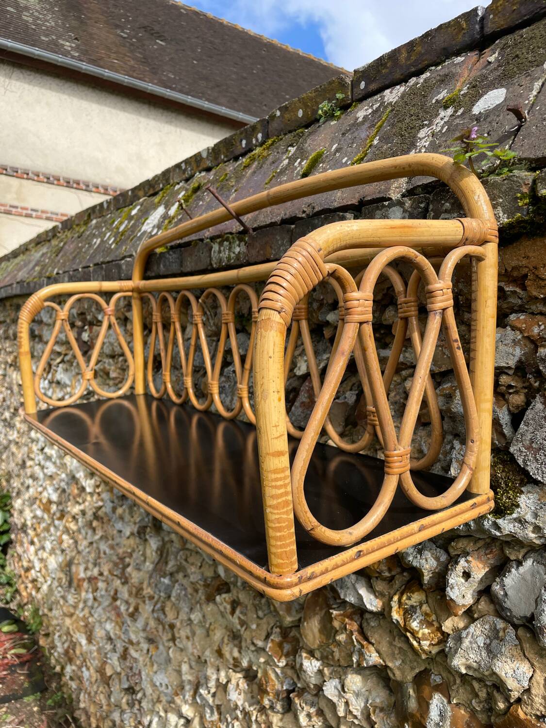 Pair of vintage light rattan wall shelves 1960