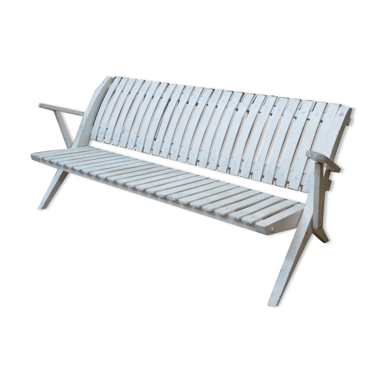 Folding garden bench in white lacquered beech of vintage origin 1950
