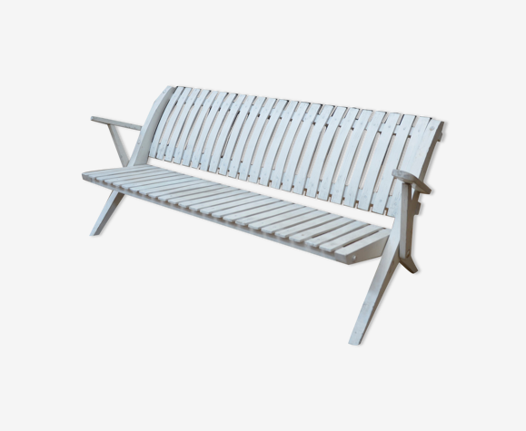 Banc de Jardin pliant en hêtre laqué blanc d'origine vintage 1950