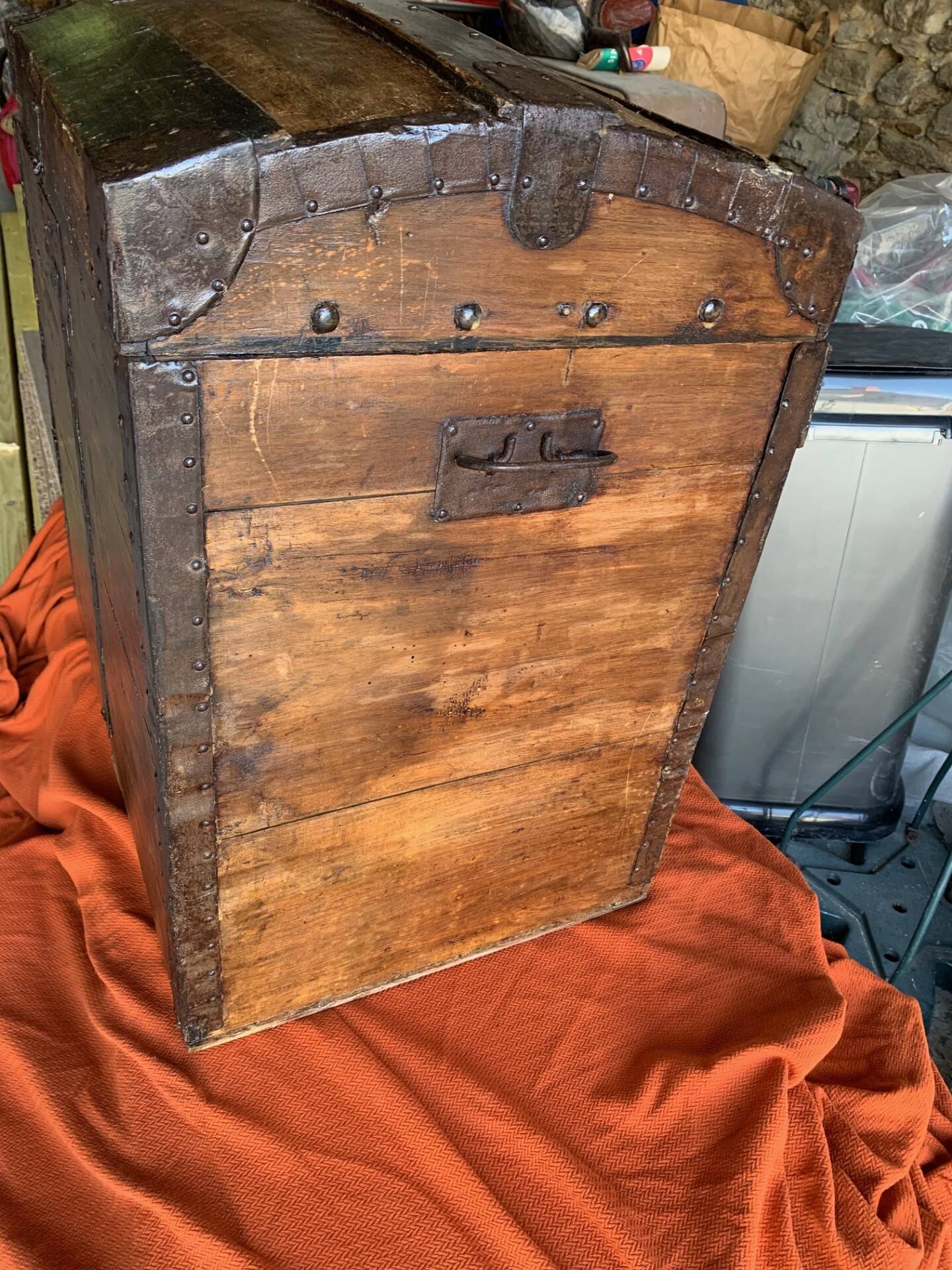 Antique wooden travel trunk, 20th century