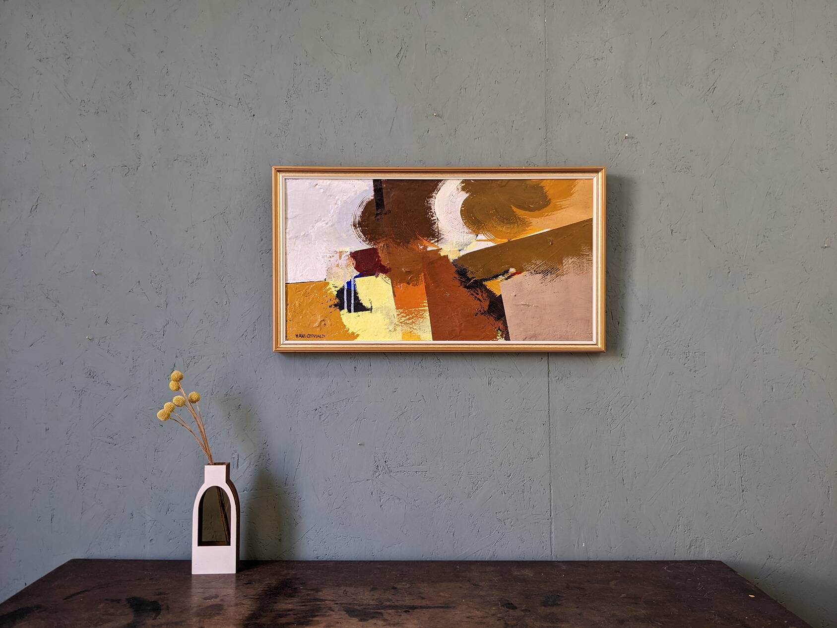 Mid-Century Modern Swedish "Autumn Rhapsody" Vintage Abstract Oil Painting, Hans Osswald