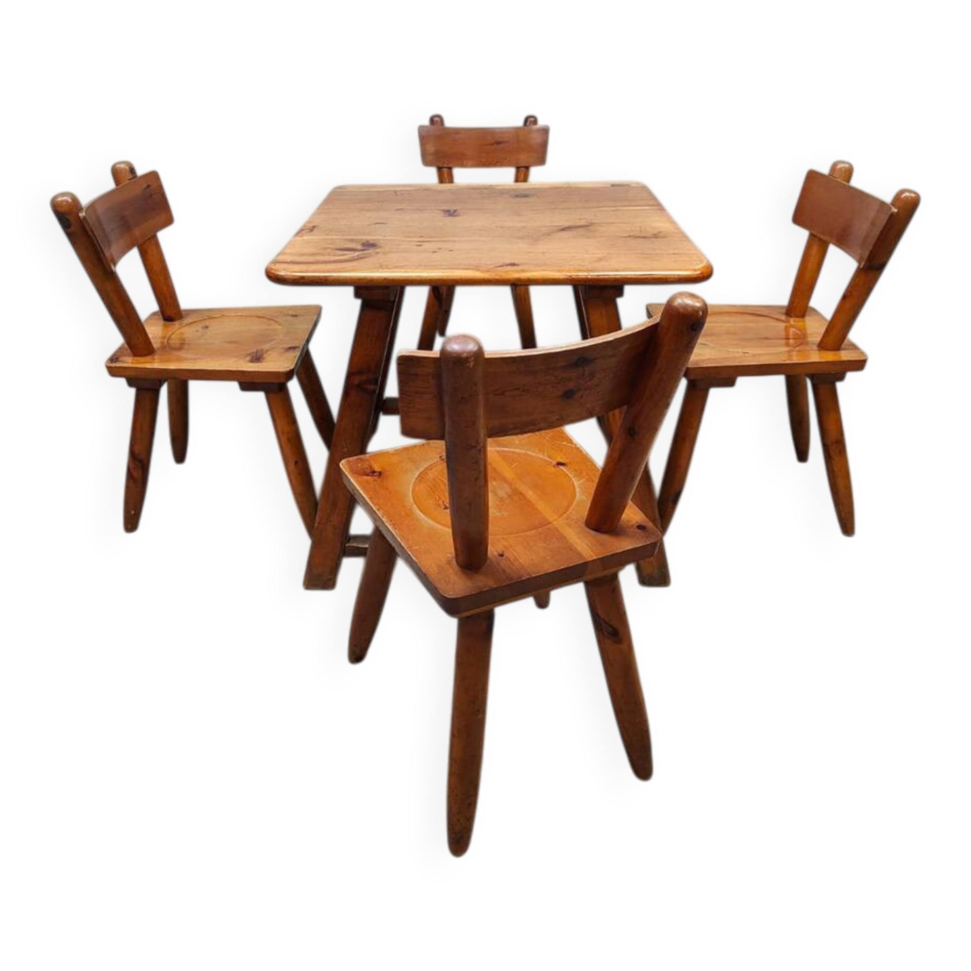 Vintage brutalist wooden dining set chairs & table 1970