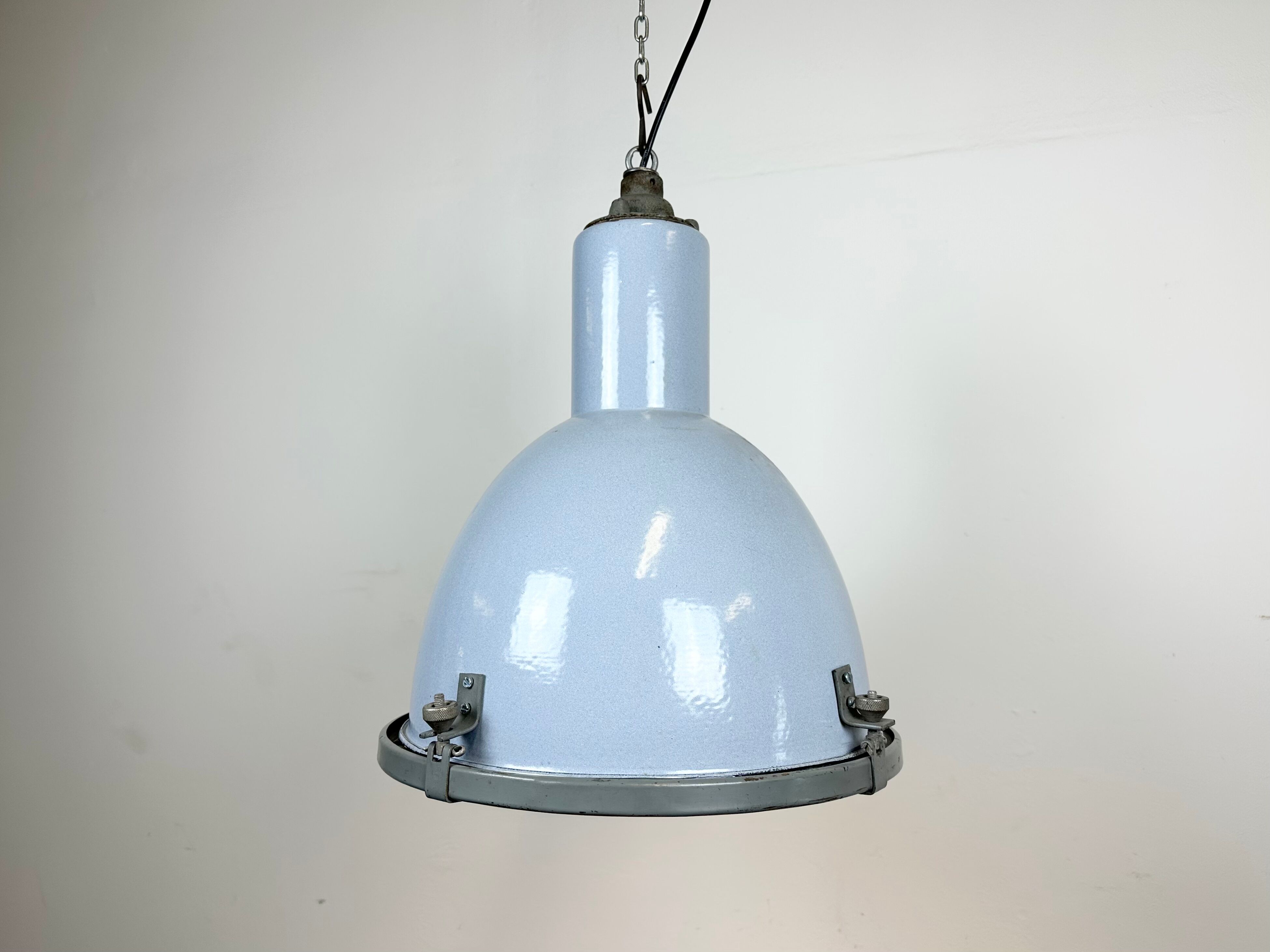 Bauhaus grey enamel industrial pendant lamp with glass cover, 1950s