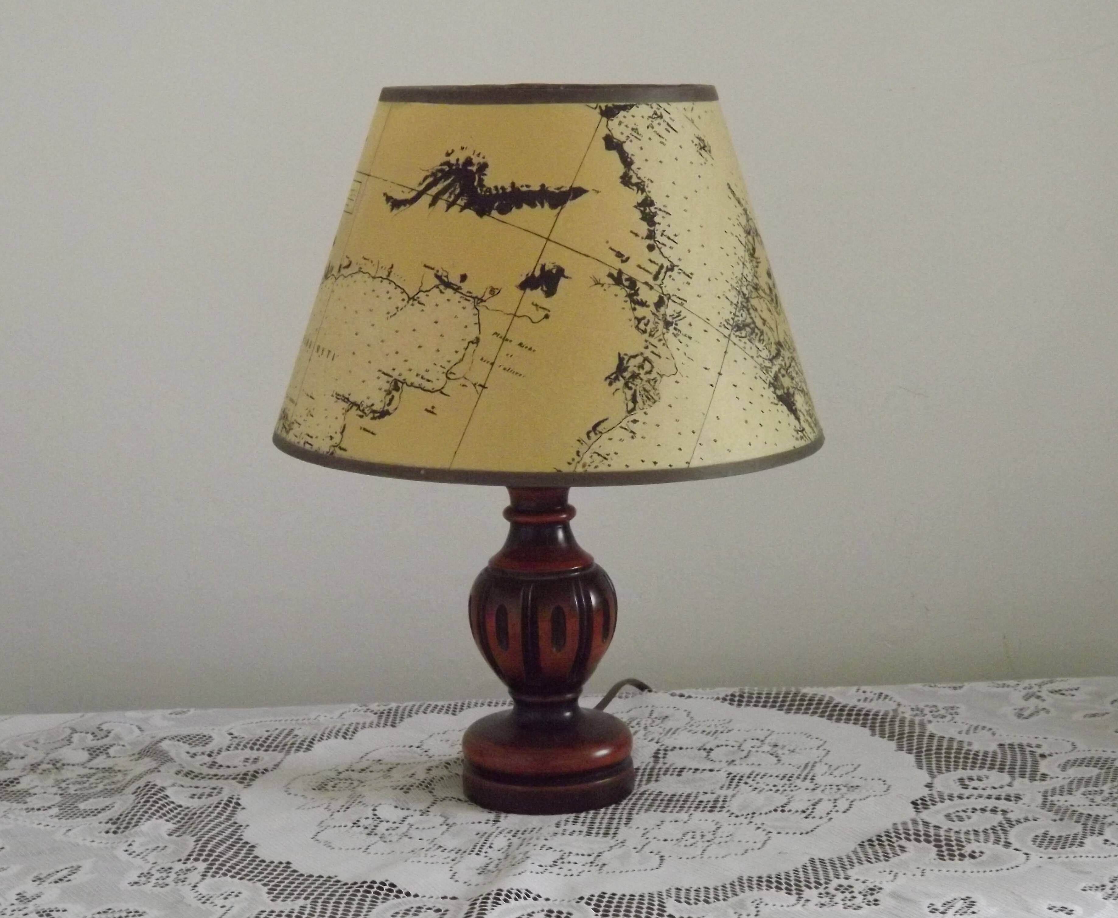 French Mid Century Round Turned Wood Grooved Table Lamp Map Detail Shade