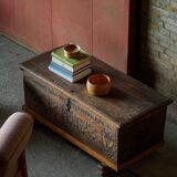 18th-century Scandinavian popular art oak chest with carved panels, dated 1764.