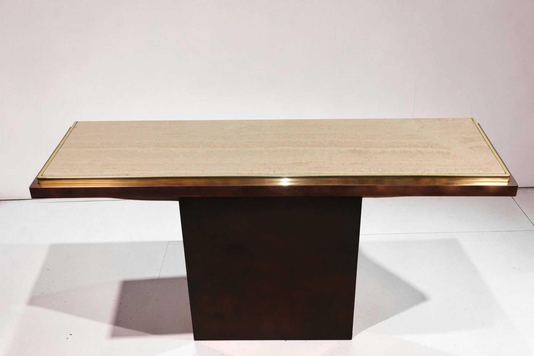 Minimalist console in travertine and patinated metal — 1970s