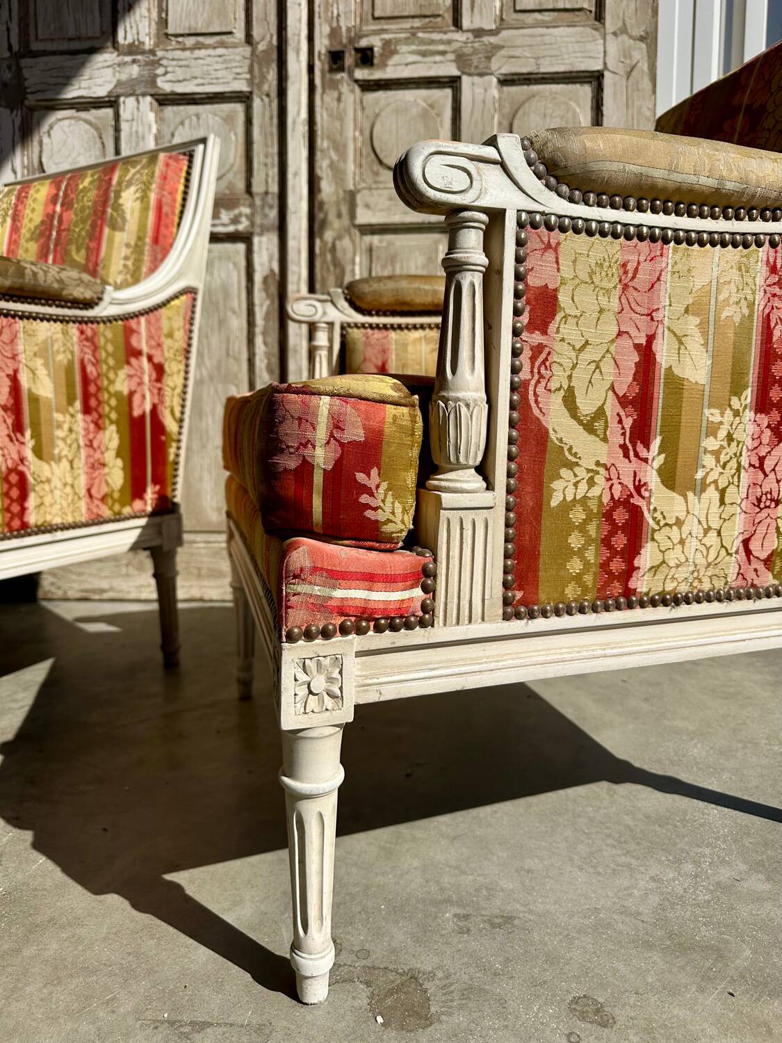 Pair of Louis XVI lacquered bergere chairs circa 1950