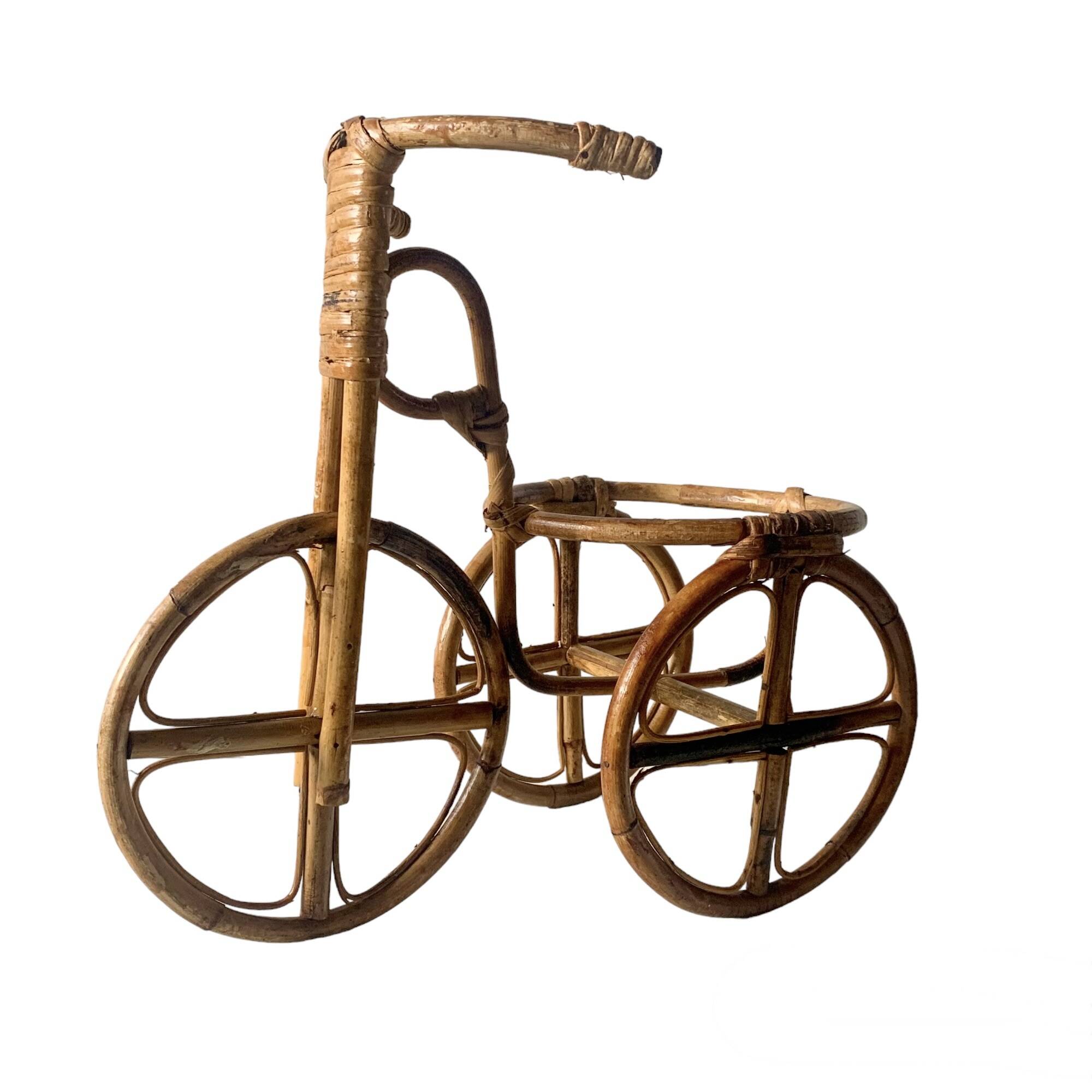 Vintage plant holder tricycle in bamboo and rattan
