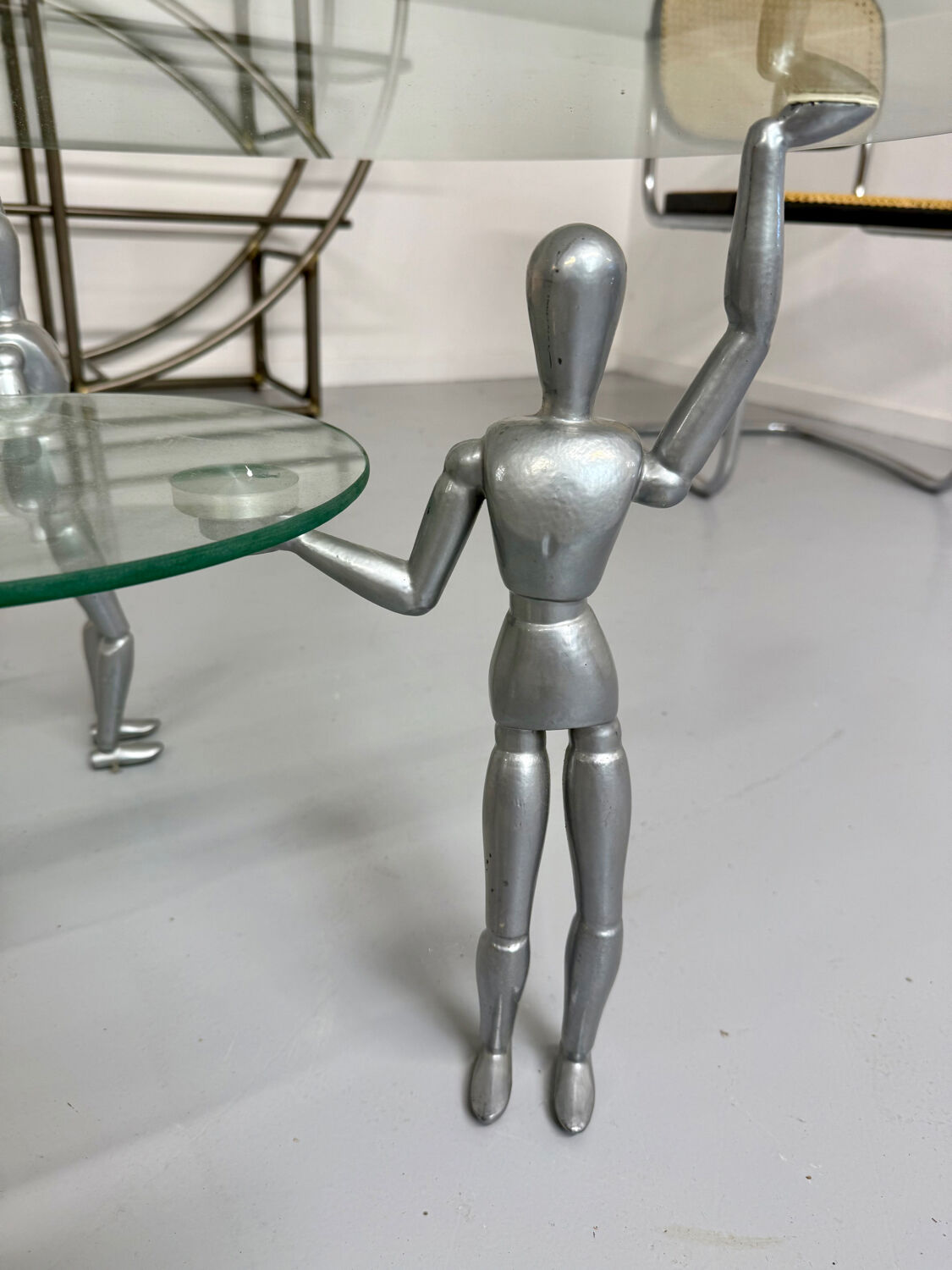 80s design glass and metal coffee table with vintage metal characters