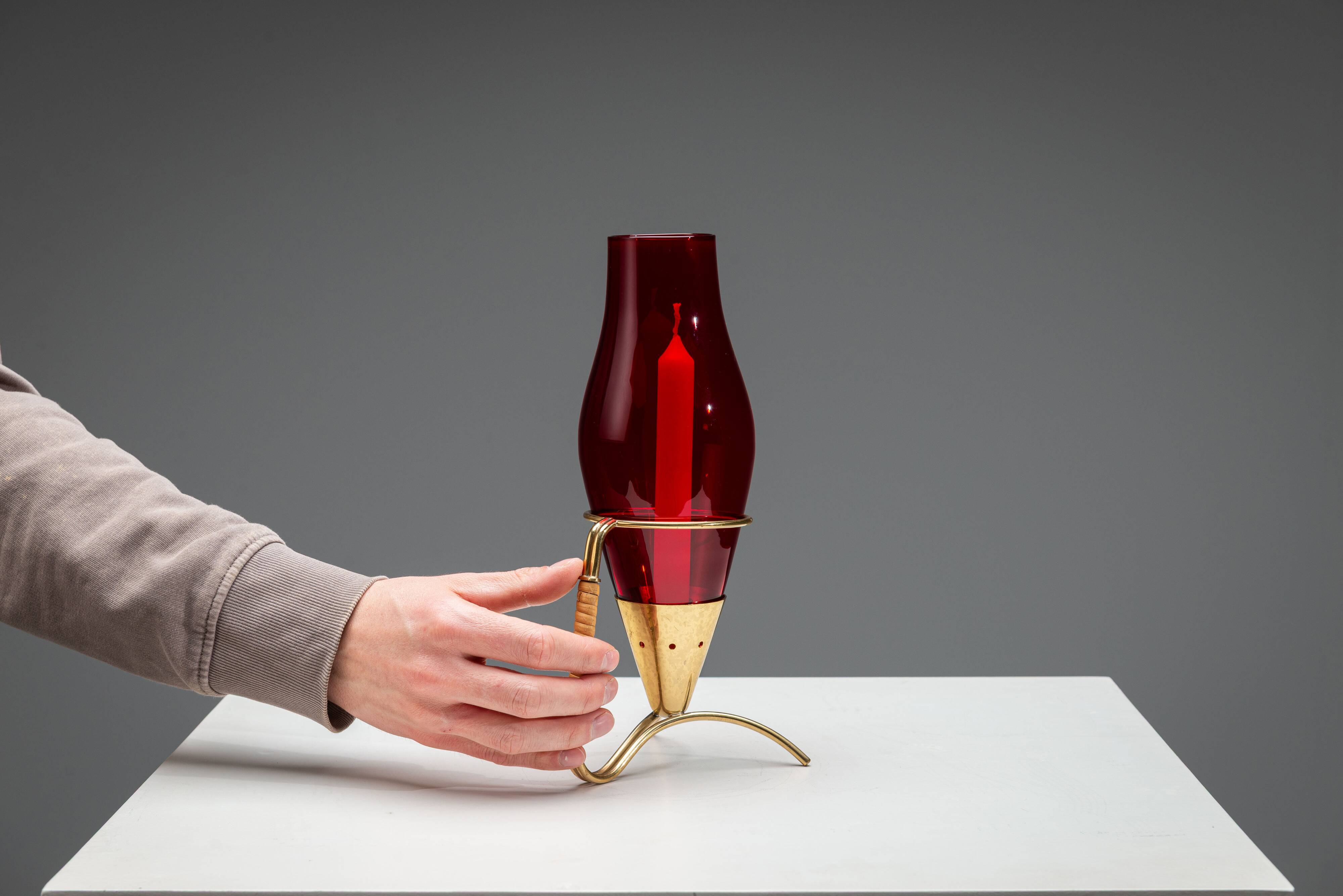 Gunnar Ander candleholder in brass, glass and rattan for Ystad Metall