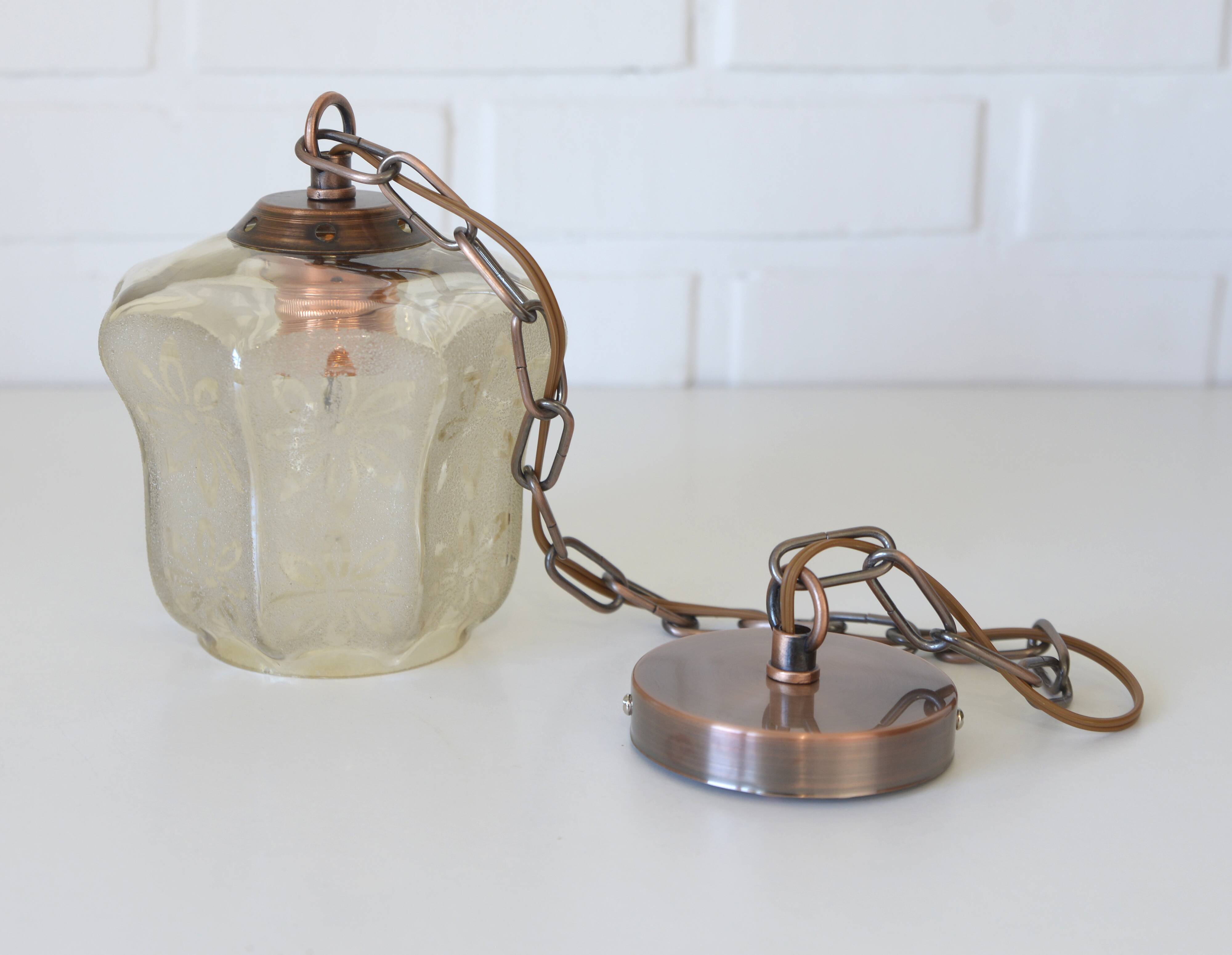 Vintage copper pendant light / amber glass and rustic chain hanging lamp