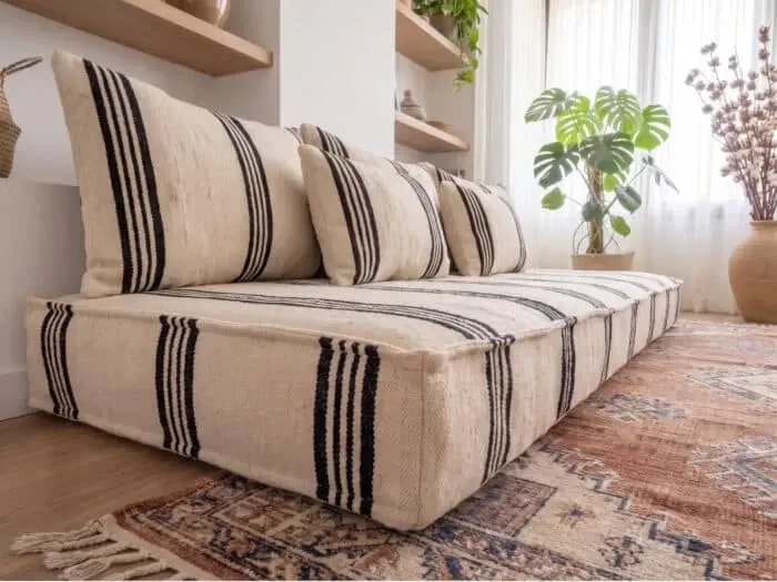 Set of striped Moroccan floor cushions handwoven.