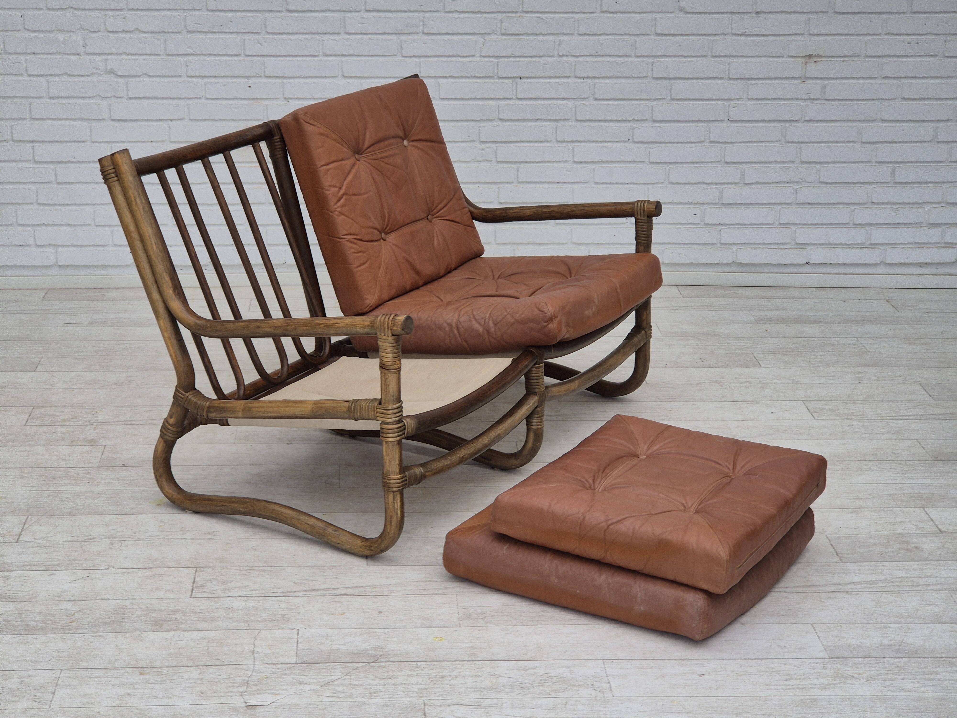 1970s, Scandinavian 2 seater sofa, original very good condition, bamboo, leather.