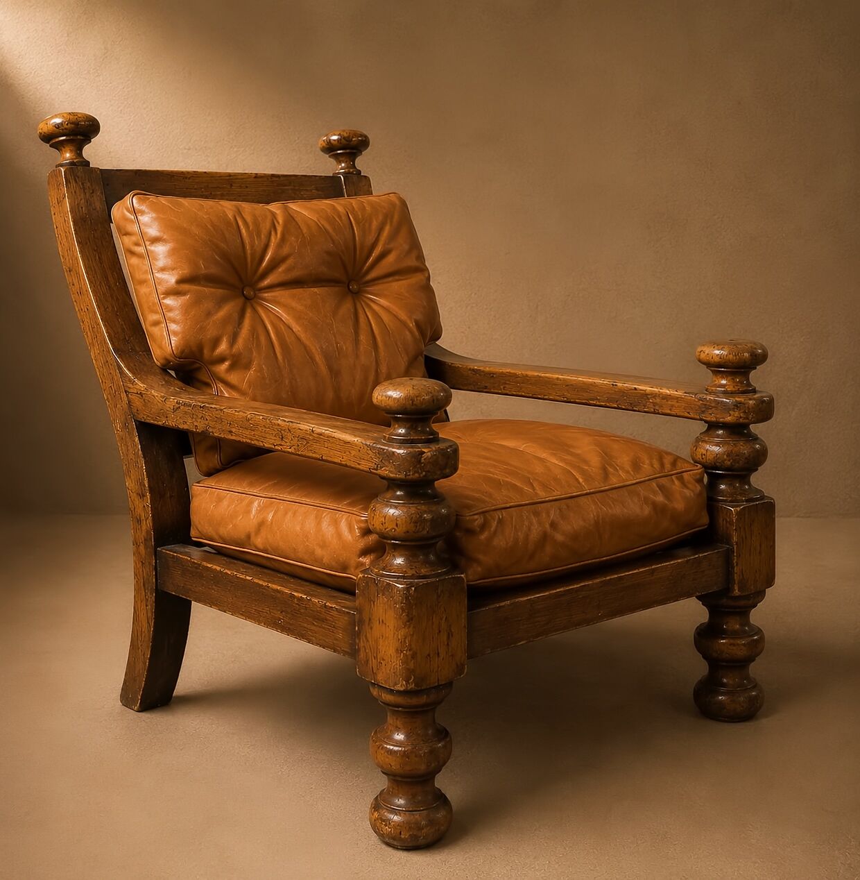 Paire Fauteuils brutalistes cuir / chêne scandinave Circa 1960