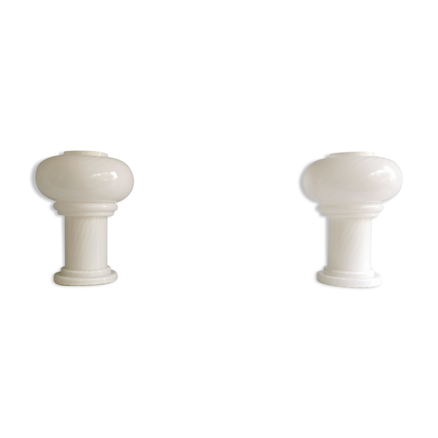 Set of 2 white glass mushroom table lamps, eighties