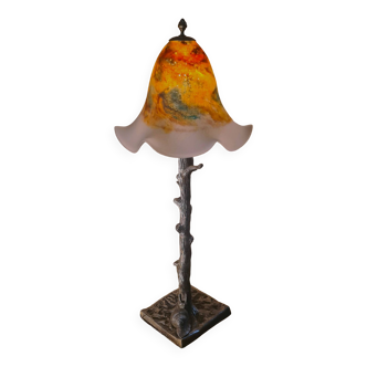large American art deco steel patina lamp, 64x24 tulip signed max elec ok set to French standard