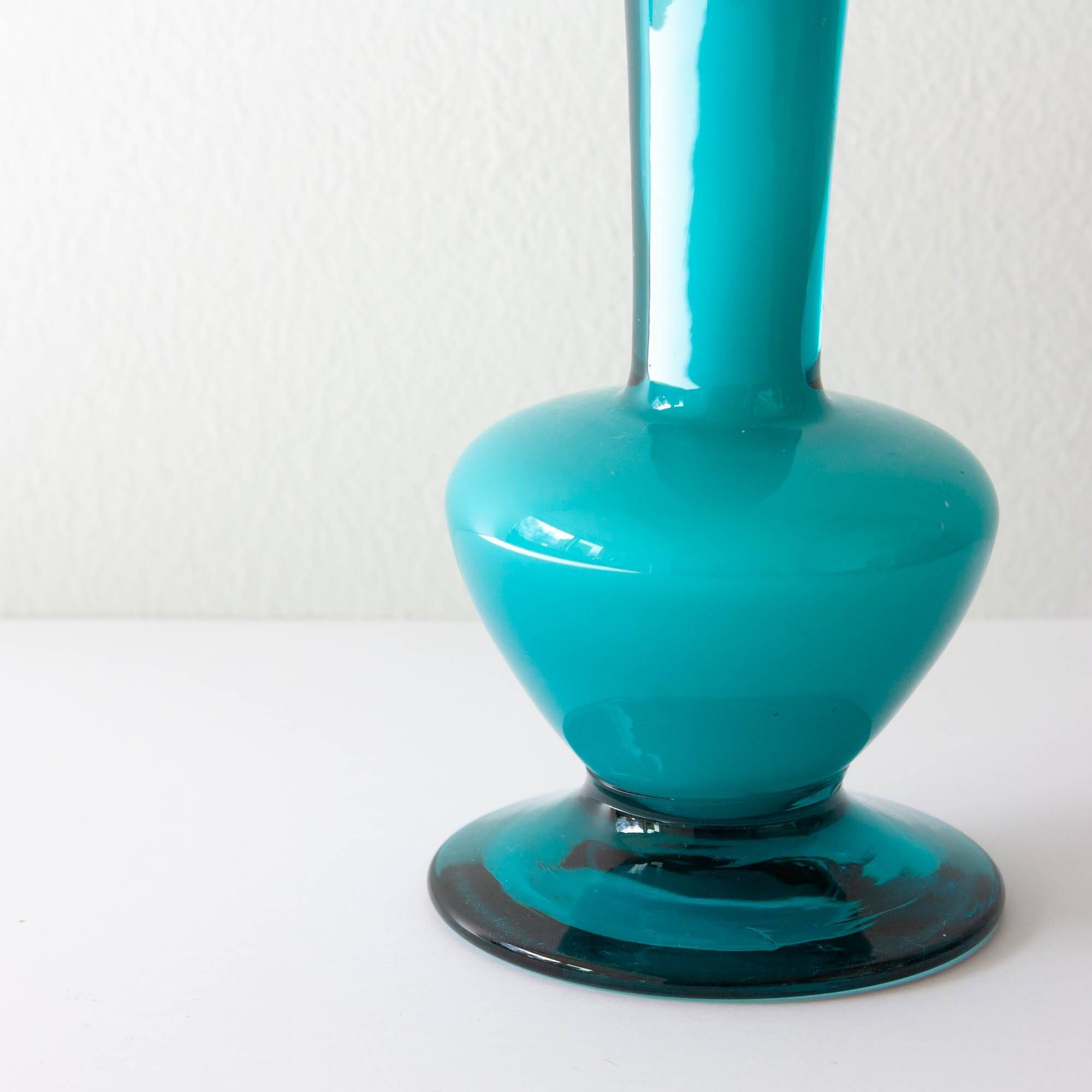 Vintage 1960s Portuguese Blue Glass Vase with Foot