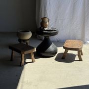 Small stool, rectangular rounded solid teak side table wabi-s