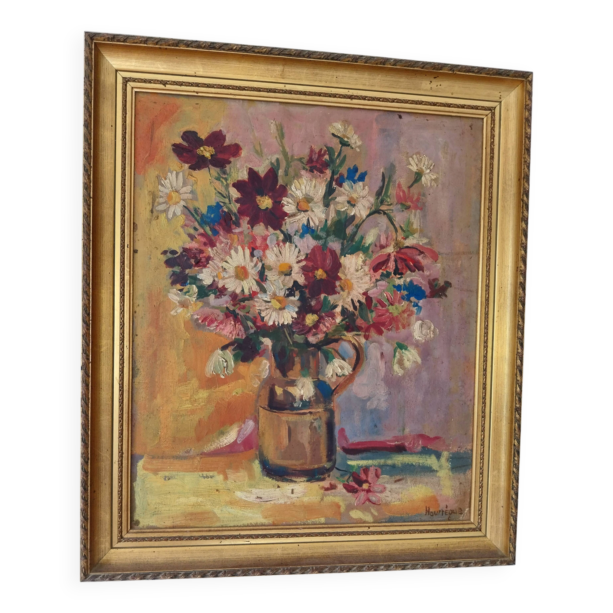 Huile sur panneau vintage signée Hourregue - bouquet de fleurs