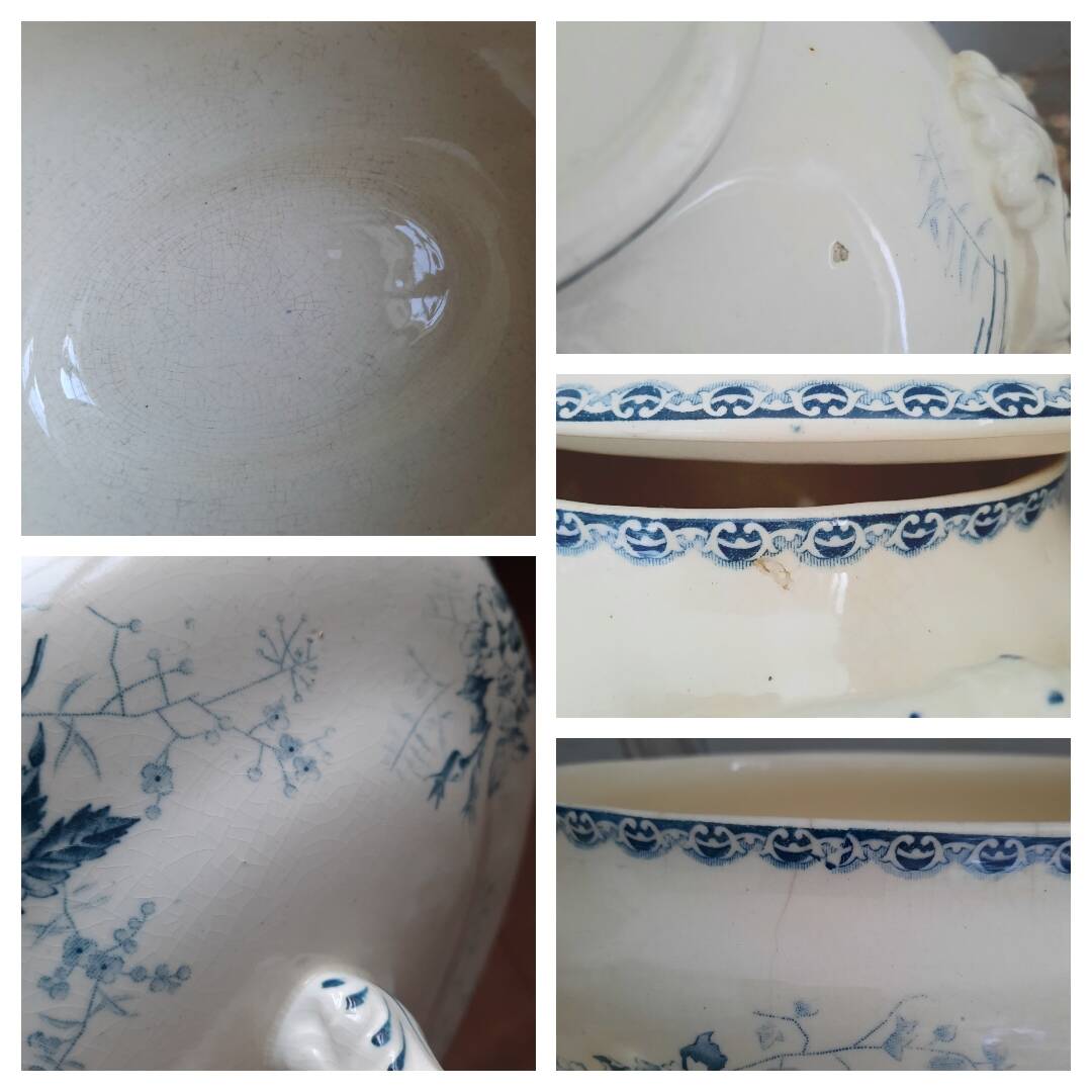 Assiettes creuses anciennes dépareillées en faïence terre de fer accompagnées d'une soupière