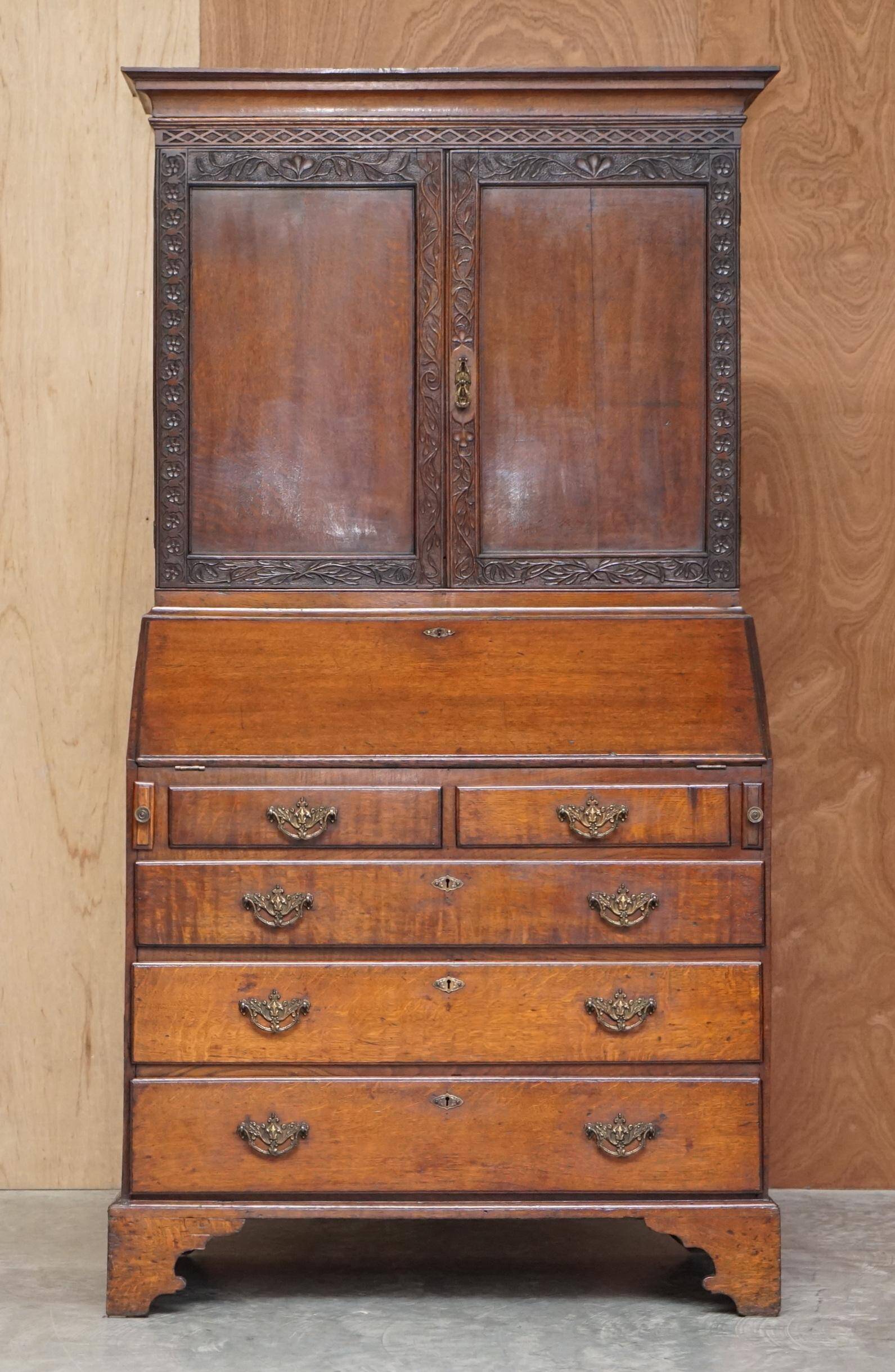 George III oak secretary bookcase circa 1760, Thomas Chippendale style.