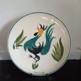 Plat en faience signe claude smadja "le coq turquoise" peint main 1996