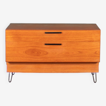 Retro Teak 1960s Bedside Chest Of Drawers On Hairpin Legs, Lamp Table.