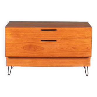 Retro Teak 1960s Bedside Chest Of Drawers On Hairpin Legs, Lamp Table.