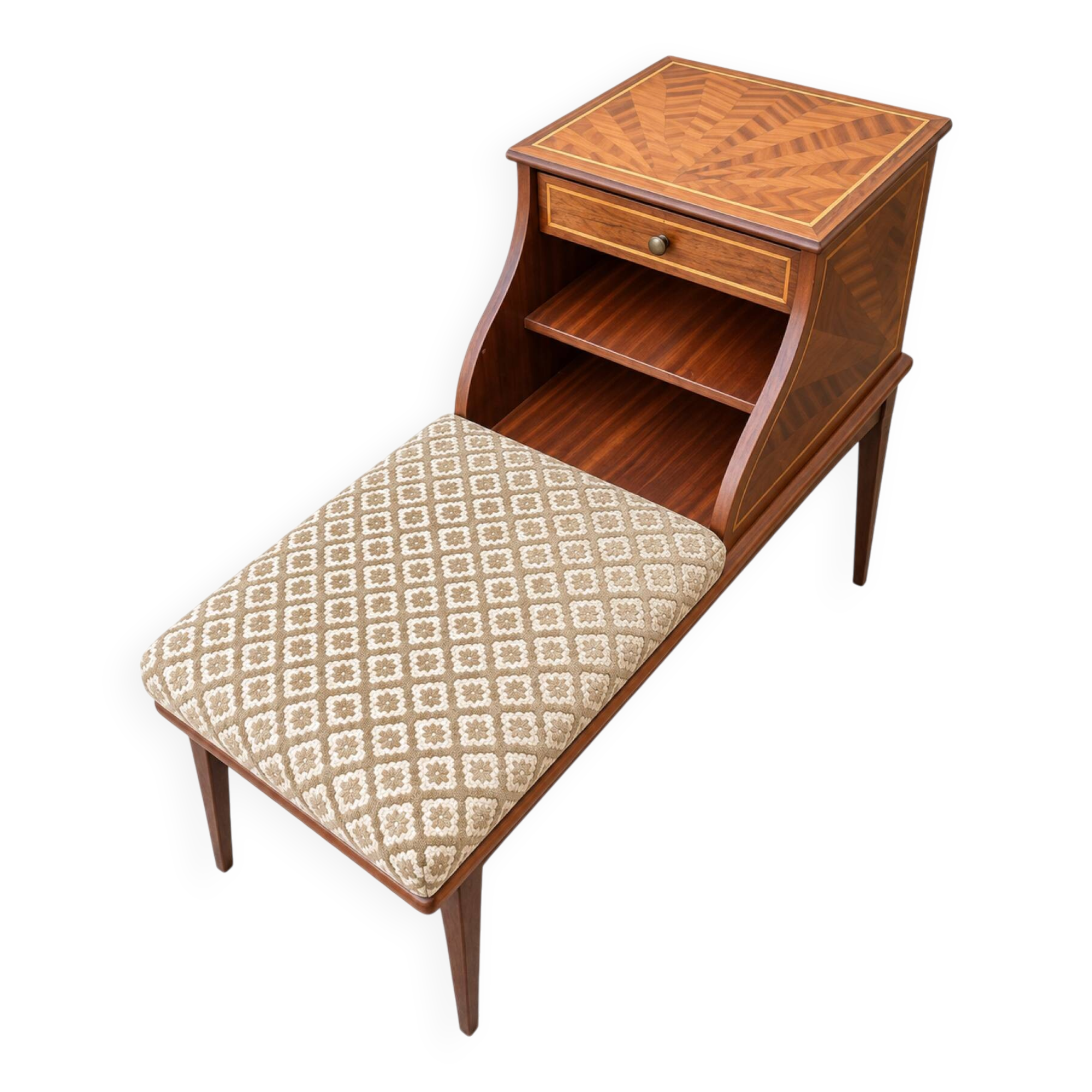 Meuble d’entrée - Banc téléphone vintage en marqueterie de bois