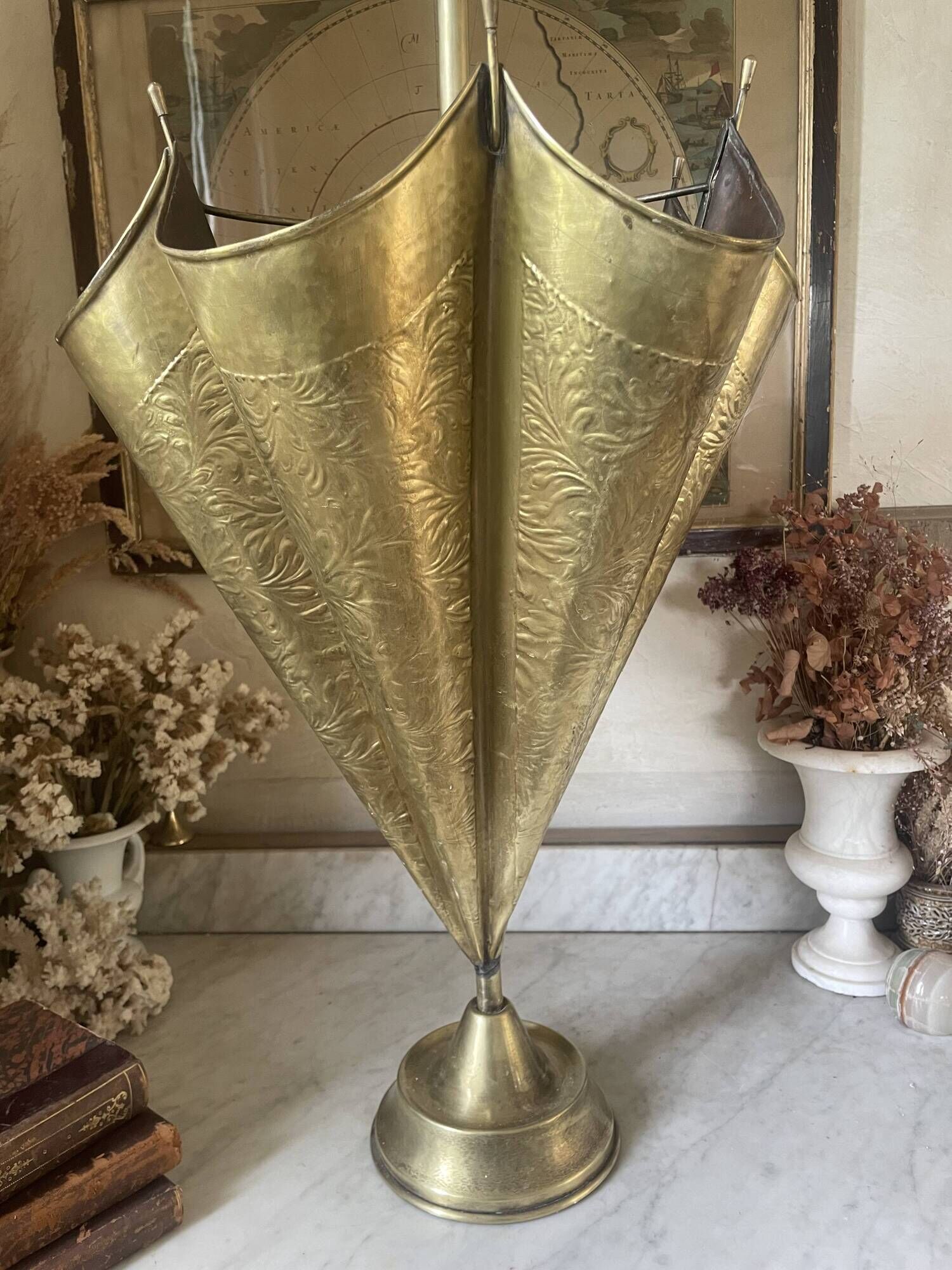 Antique repoussé brass umbrella stand