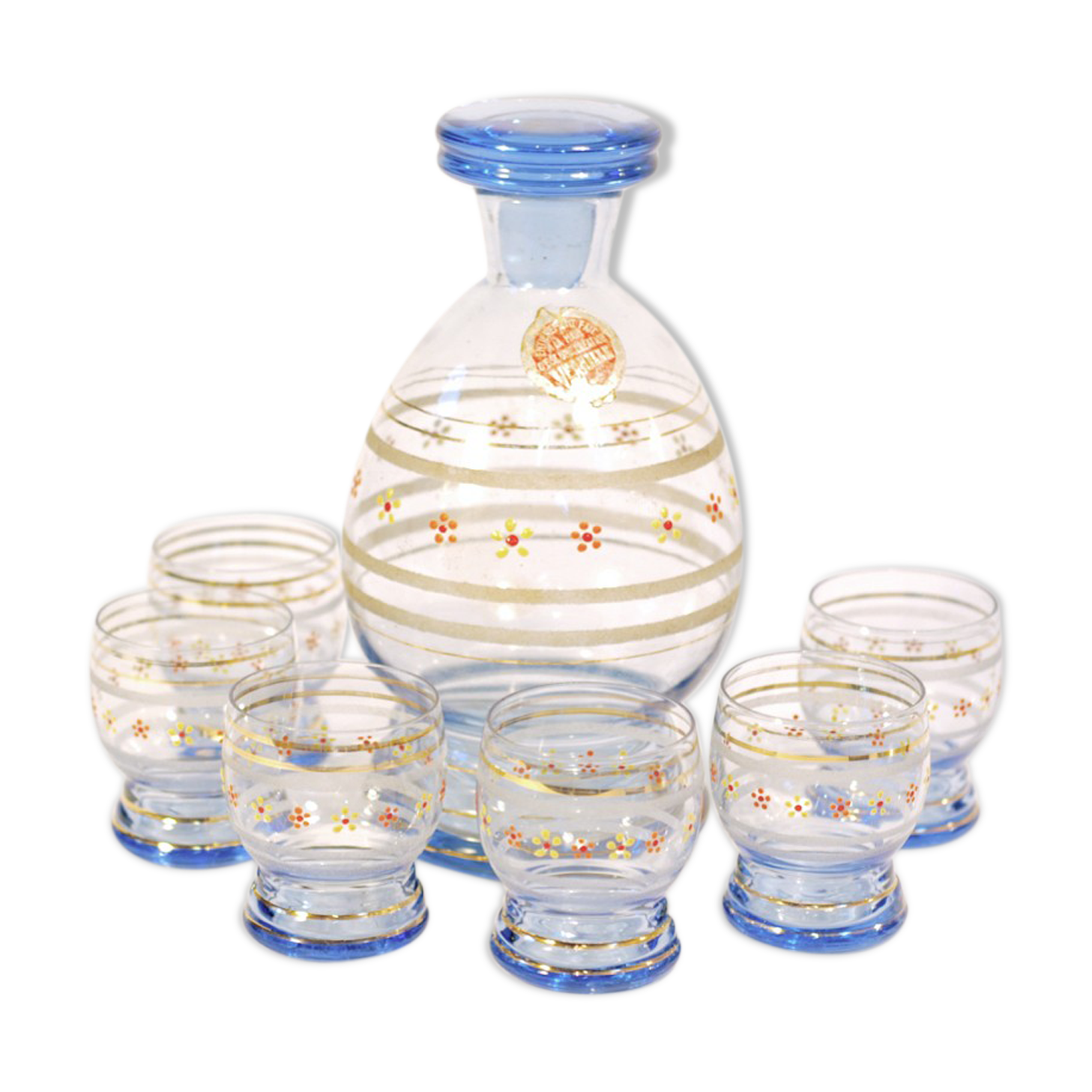 Carafe and 6 blue glasses