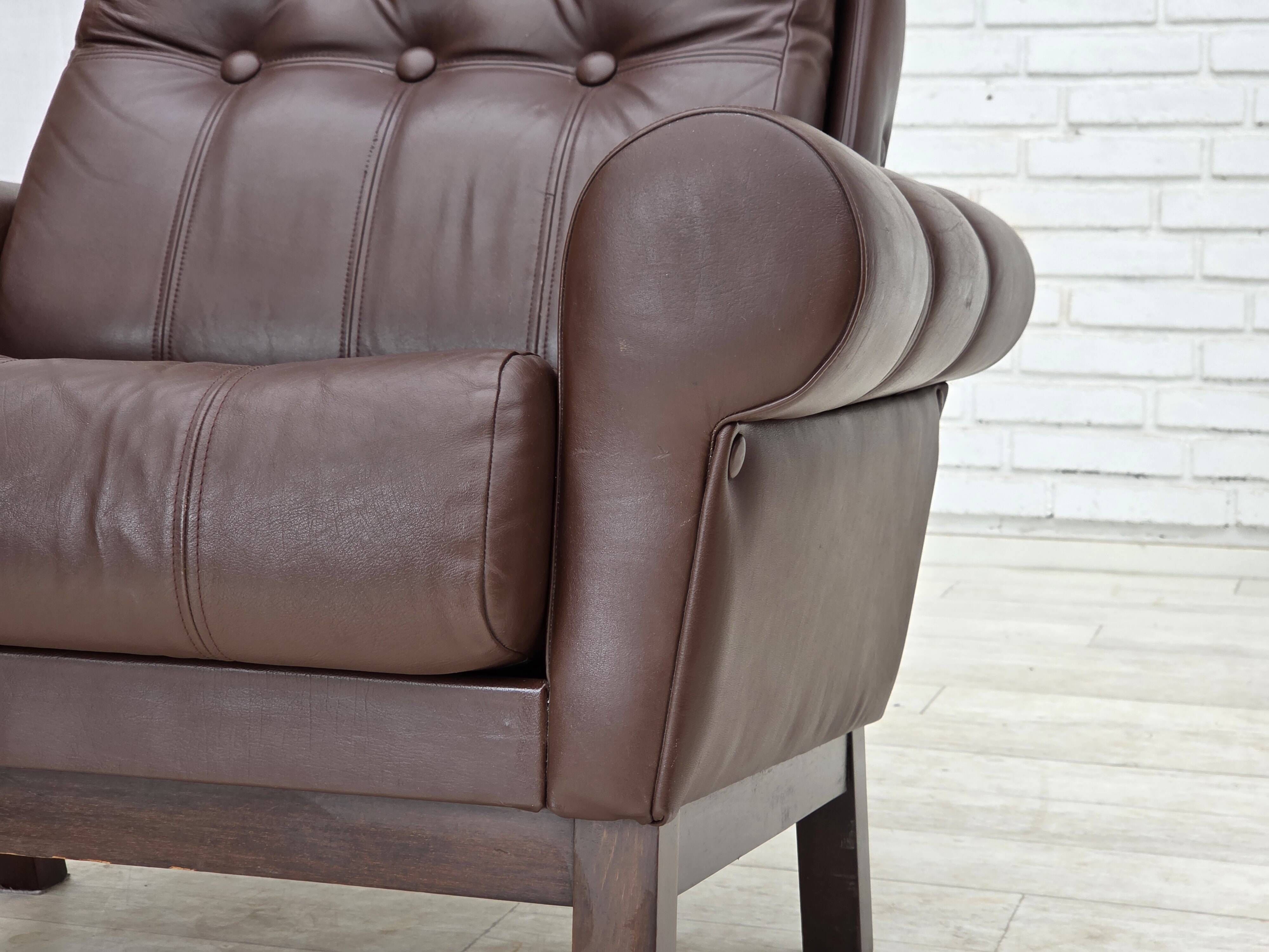 1970s, Danish armchair, original brown furniture leather.