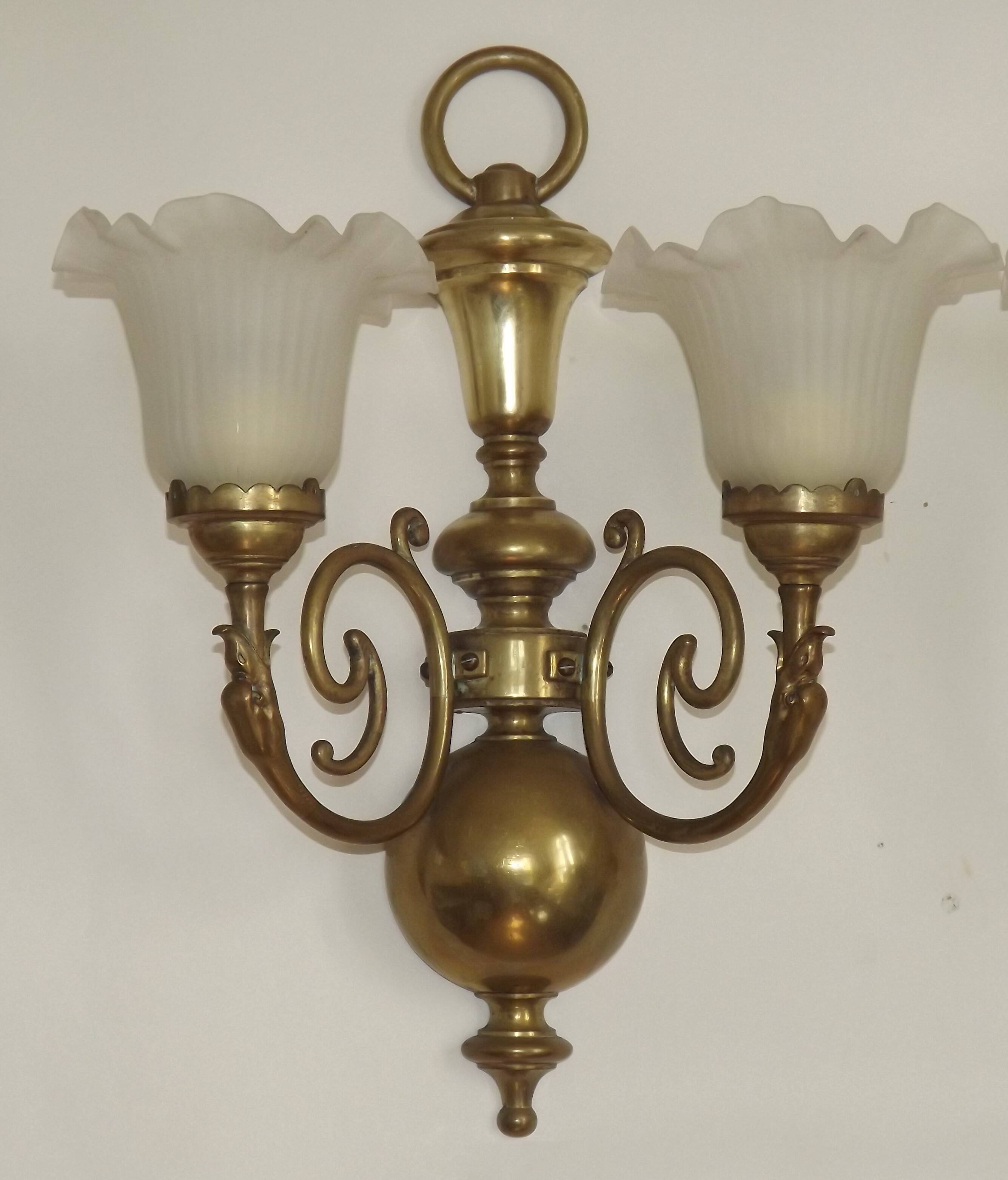 Large Pair of French Vintage Brass Empire Wall Lights with Swan Detail and Glass Shades 4884