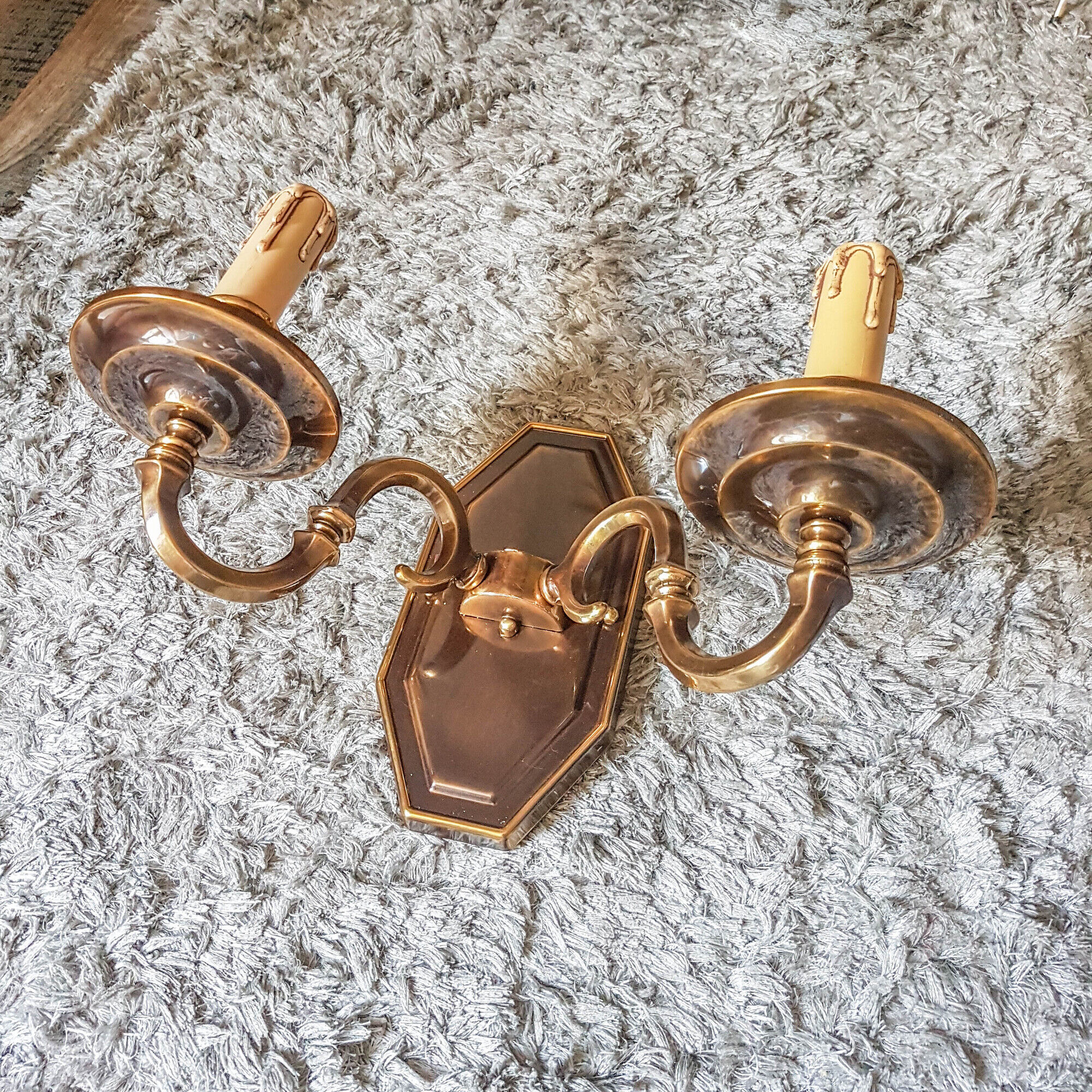 Pair of metal and bronze wall wall light 2 fake candles