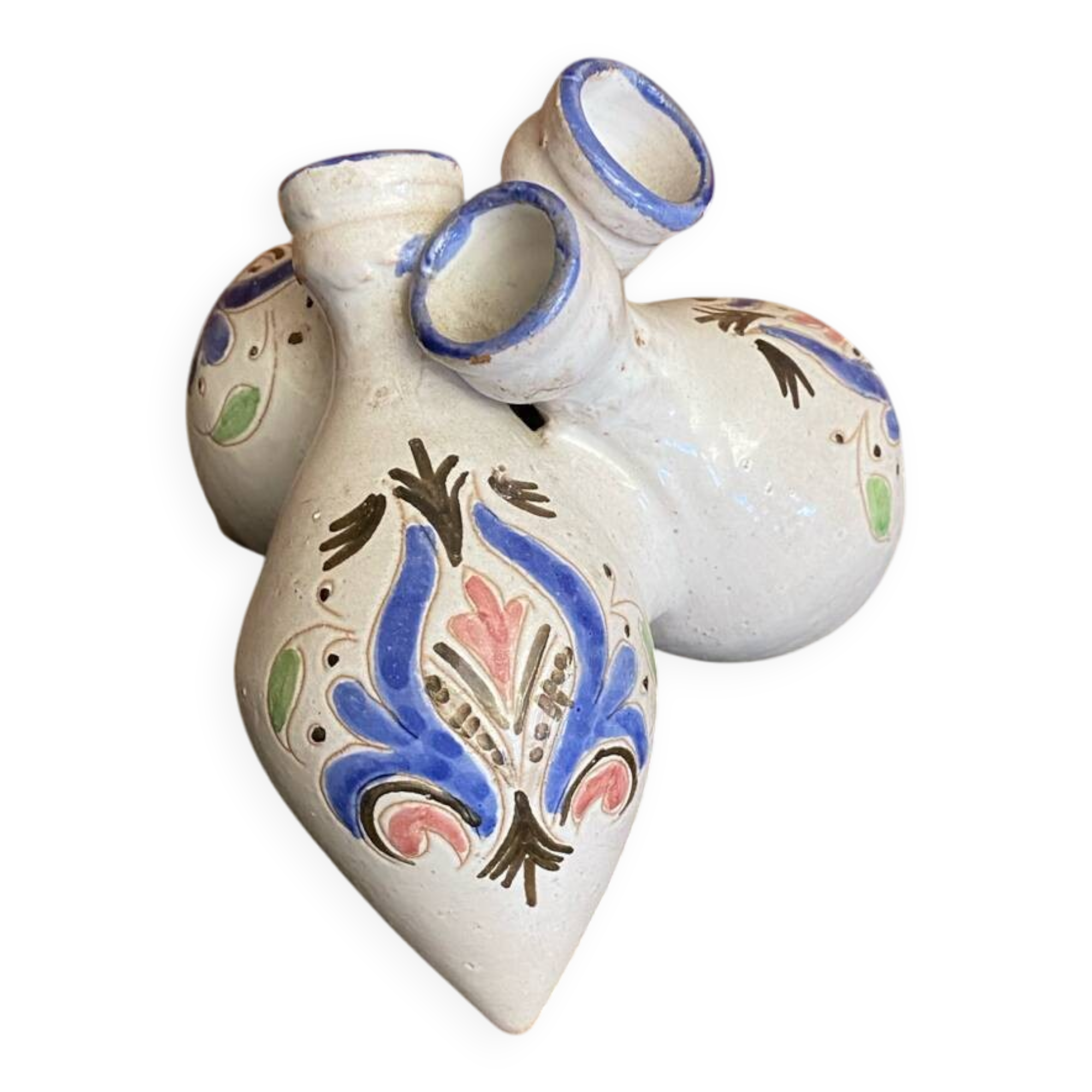 Antique vase with 3 soliflores, chiseled & painted ceramic, vintage