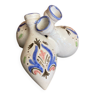 Antique vase with 3 soliflores, chiseled & painted ceramic, vintage