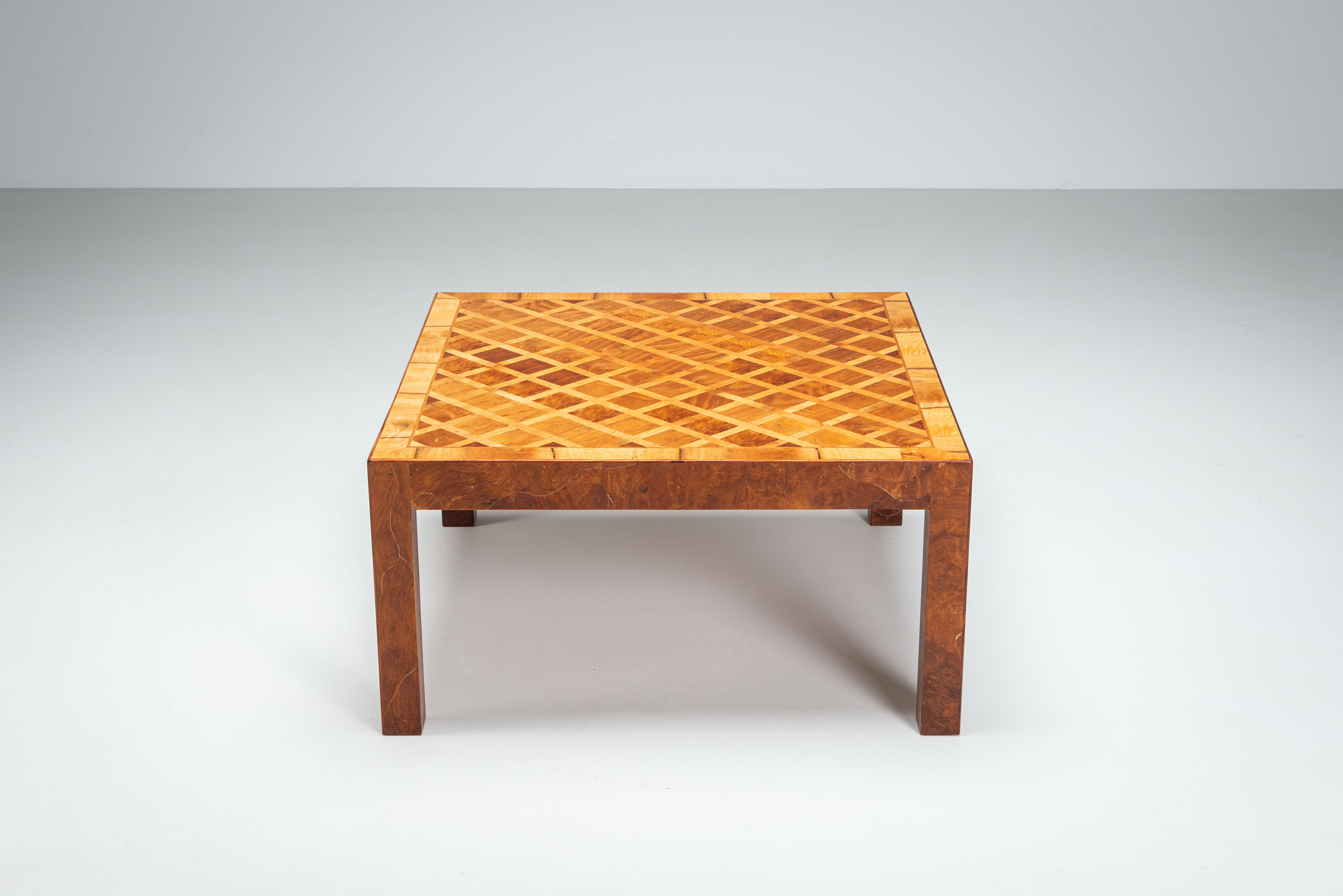 Square Italian coffee table with burl wood and inlaid parquetry top