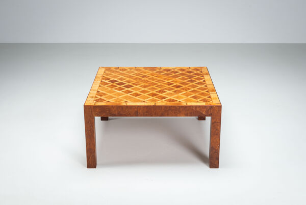Table basse italienne carrée en bois de racine et marqueterie incrustée