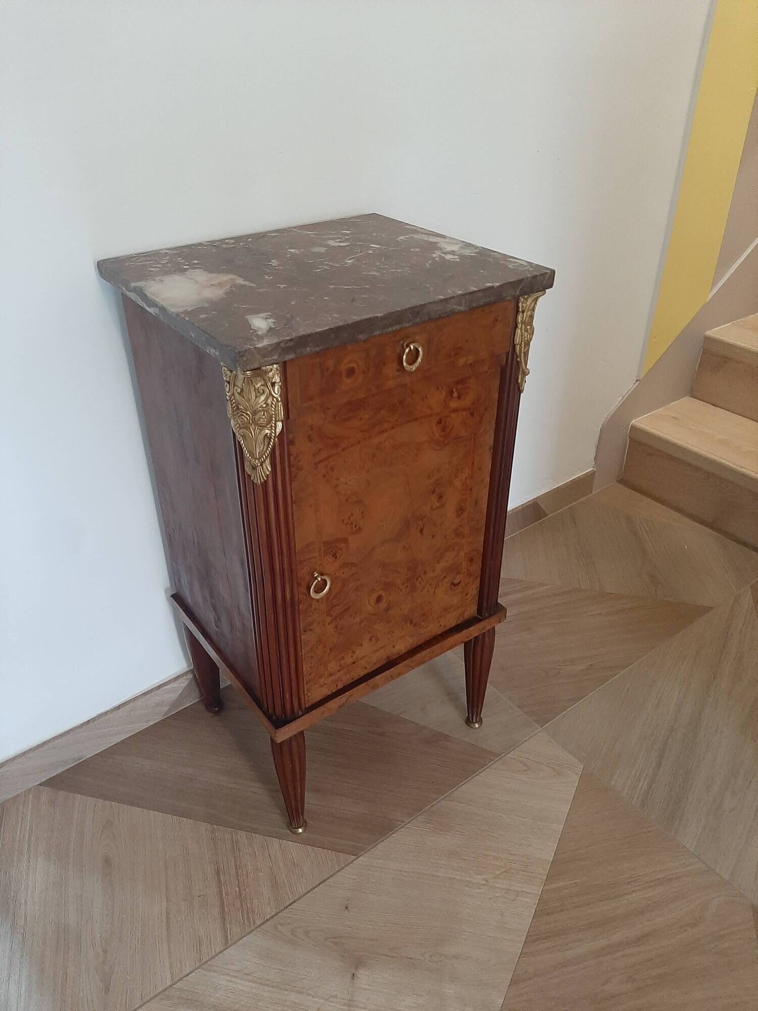 pretty Louis XVI Style bedside cabinet - 1 drawer - 1 Elm Burl marble tray door