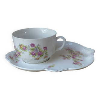 Ensemble Petit Déjeuner Gourmand Tasse et Soucoupe en Porcelaine Décor Fleuri Vintage