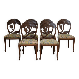 Ensemble de 6 chaises de salle à manger Art Nouveau sculptées à la main avec assises florales