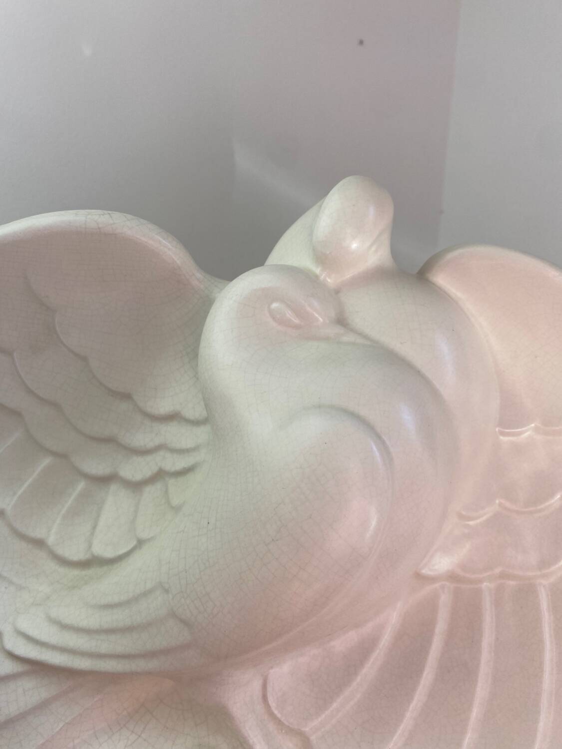 Cracked ceramic doves, signed Lejan