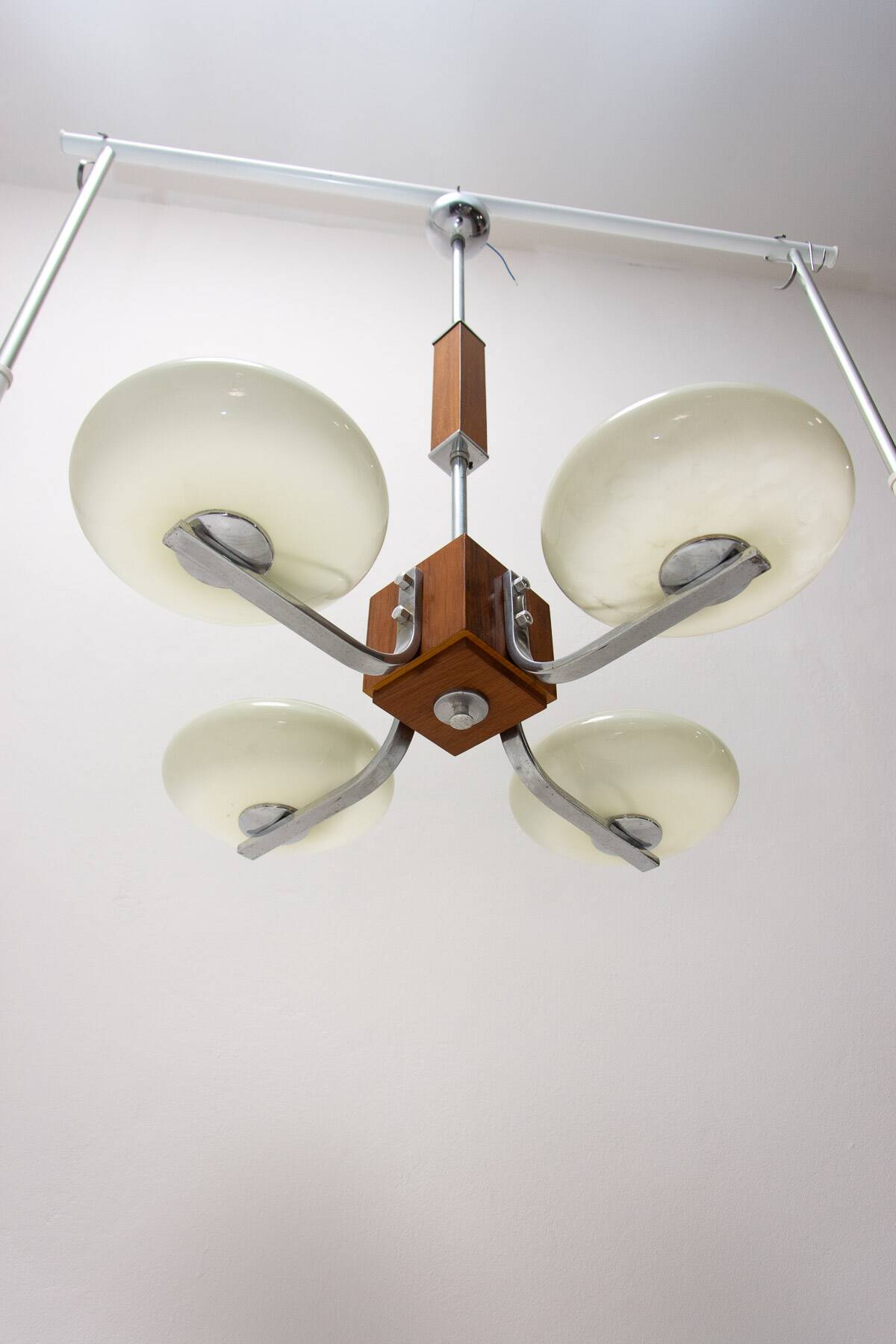 chrome and wood art deco pendant chandelier, circa 1930´s, bohemia