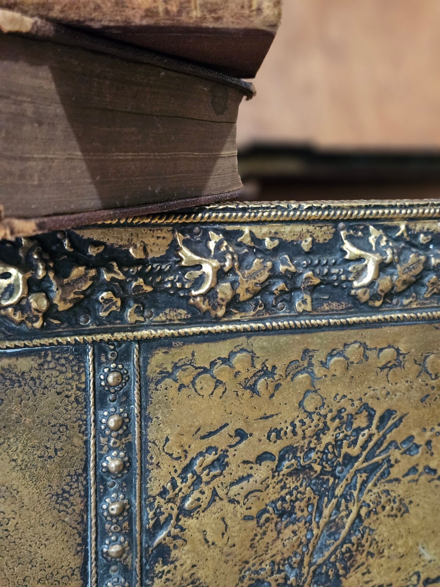 Wooden chest with repoussé brass decoration, 20th century.