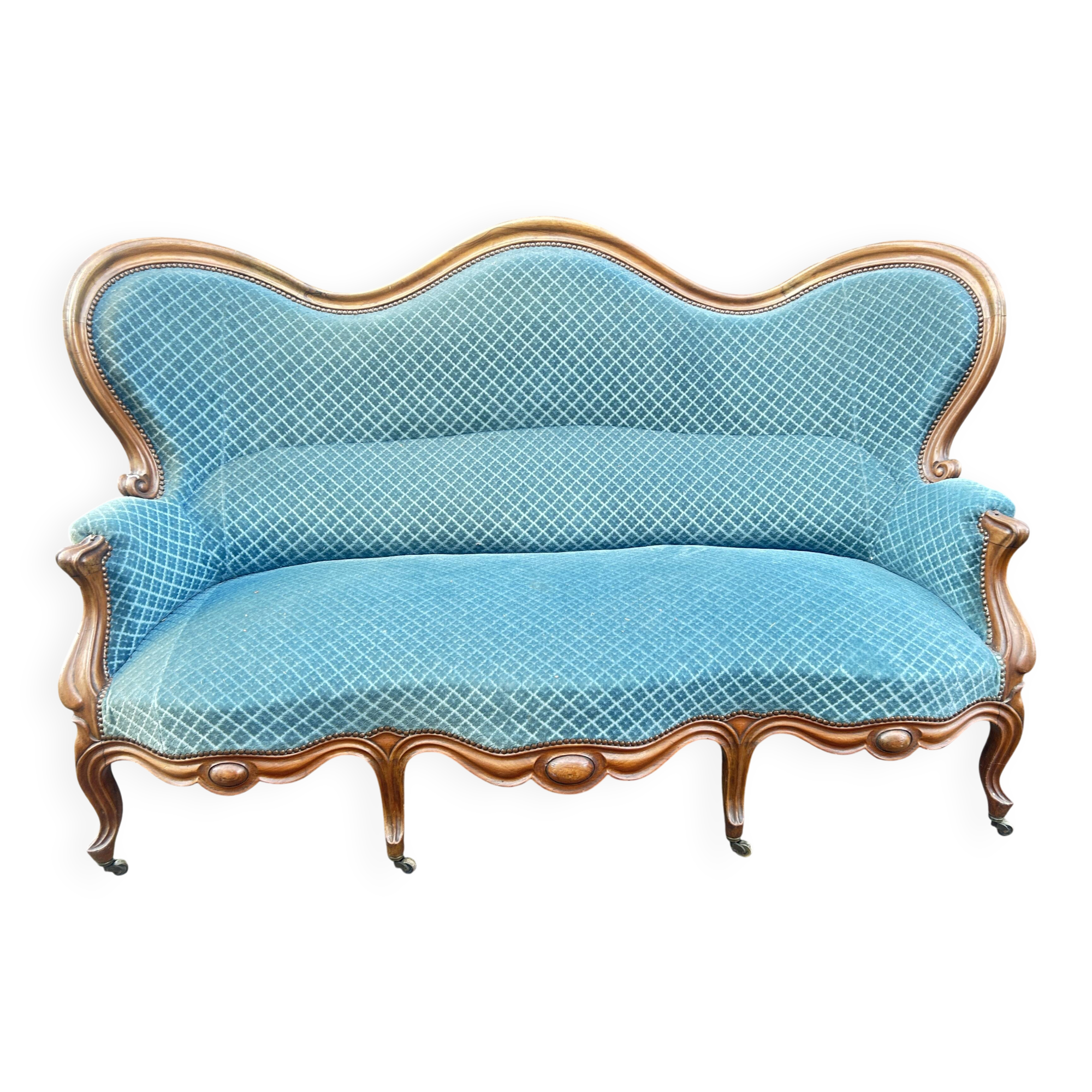 Napoleon III walnut canapé, blue velvet fabric.