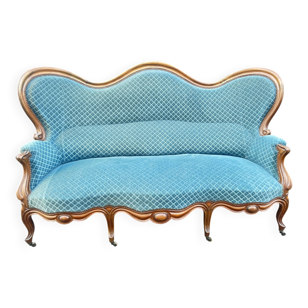 Canapé Napoléon III en noyer, tissu de velours bleu