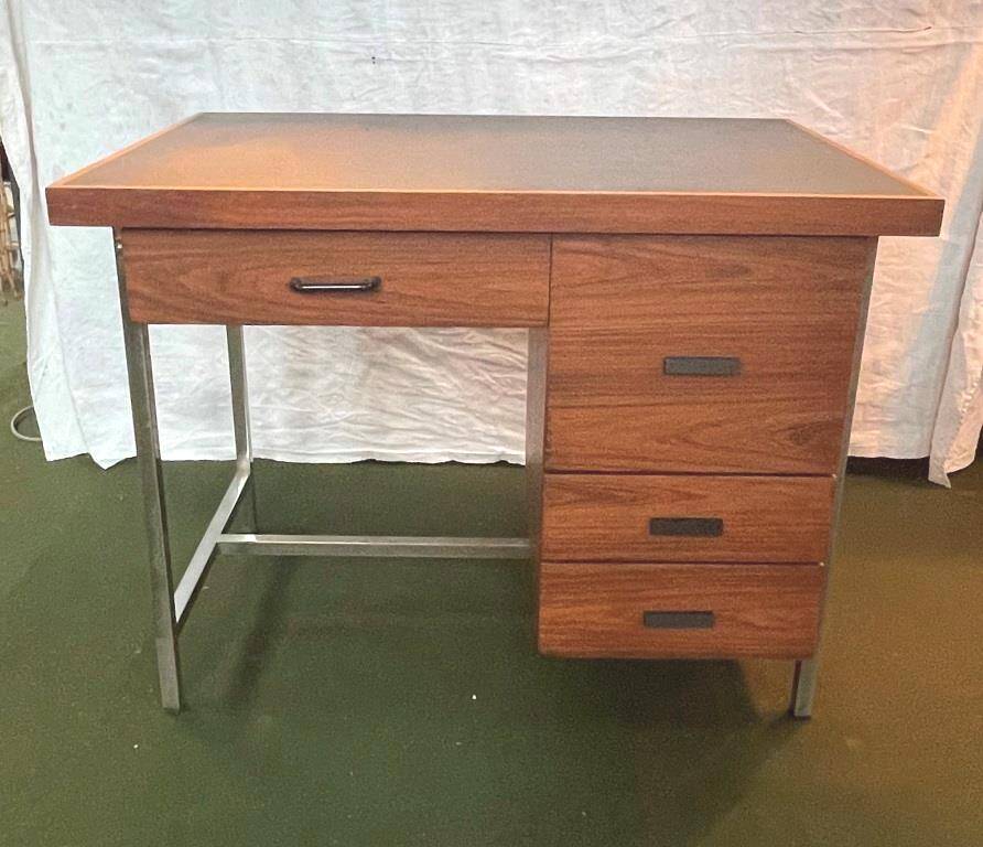Teak veneer desk with chromed metal frame, from the 70s.