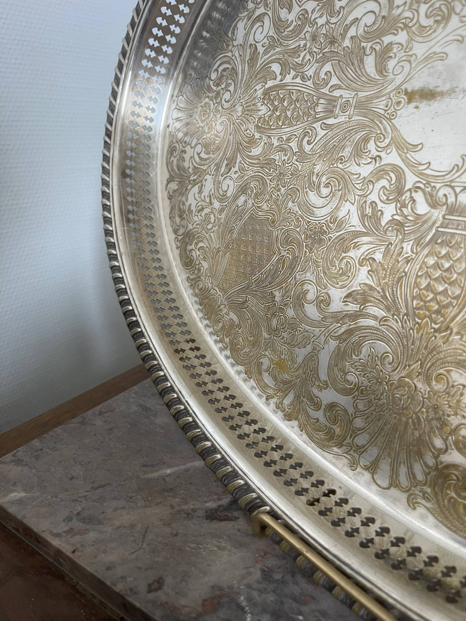 Vintage Silver Metal Tray Floral Rococo Pattern 55x40cm 1970